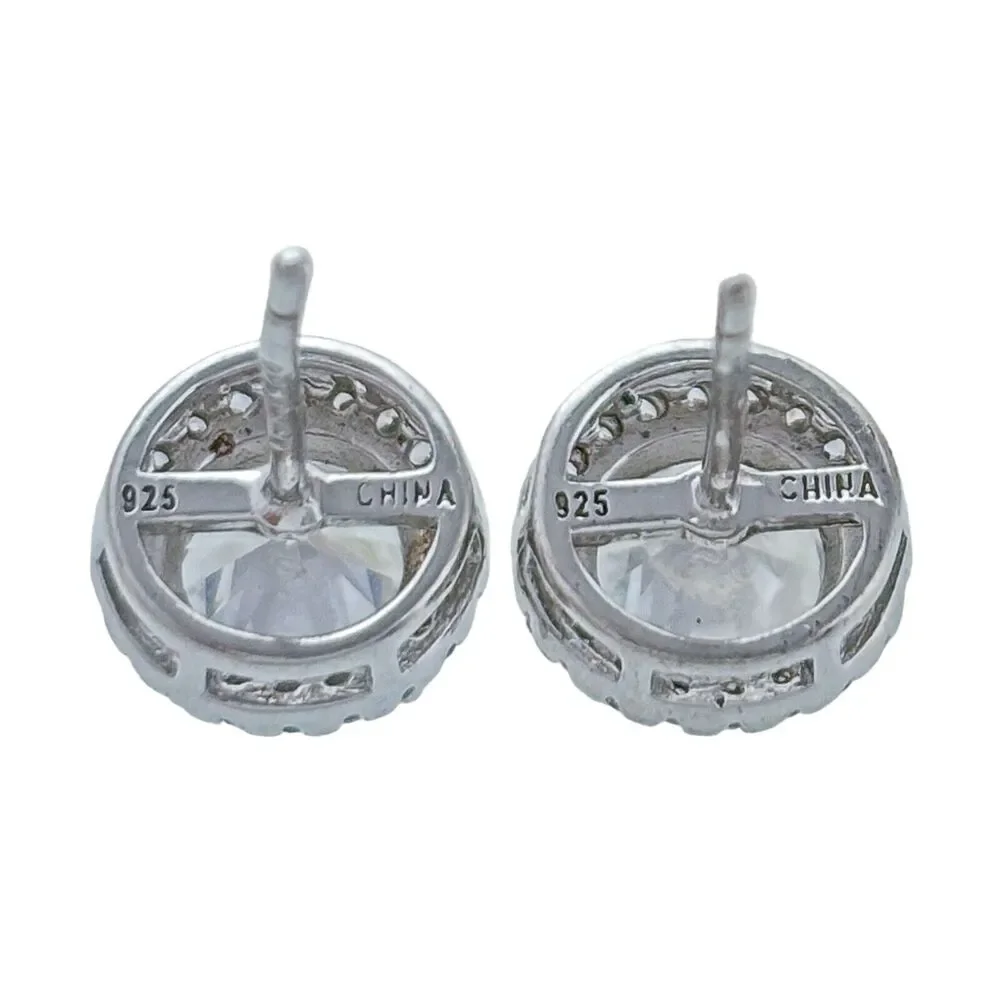 Vintage Sterling Silver Cubic Zirconia Halo Stud Earrings